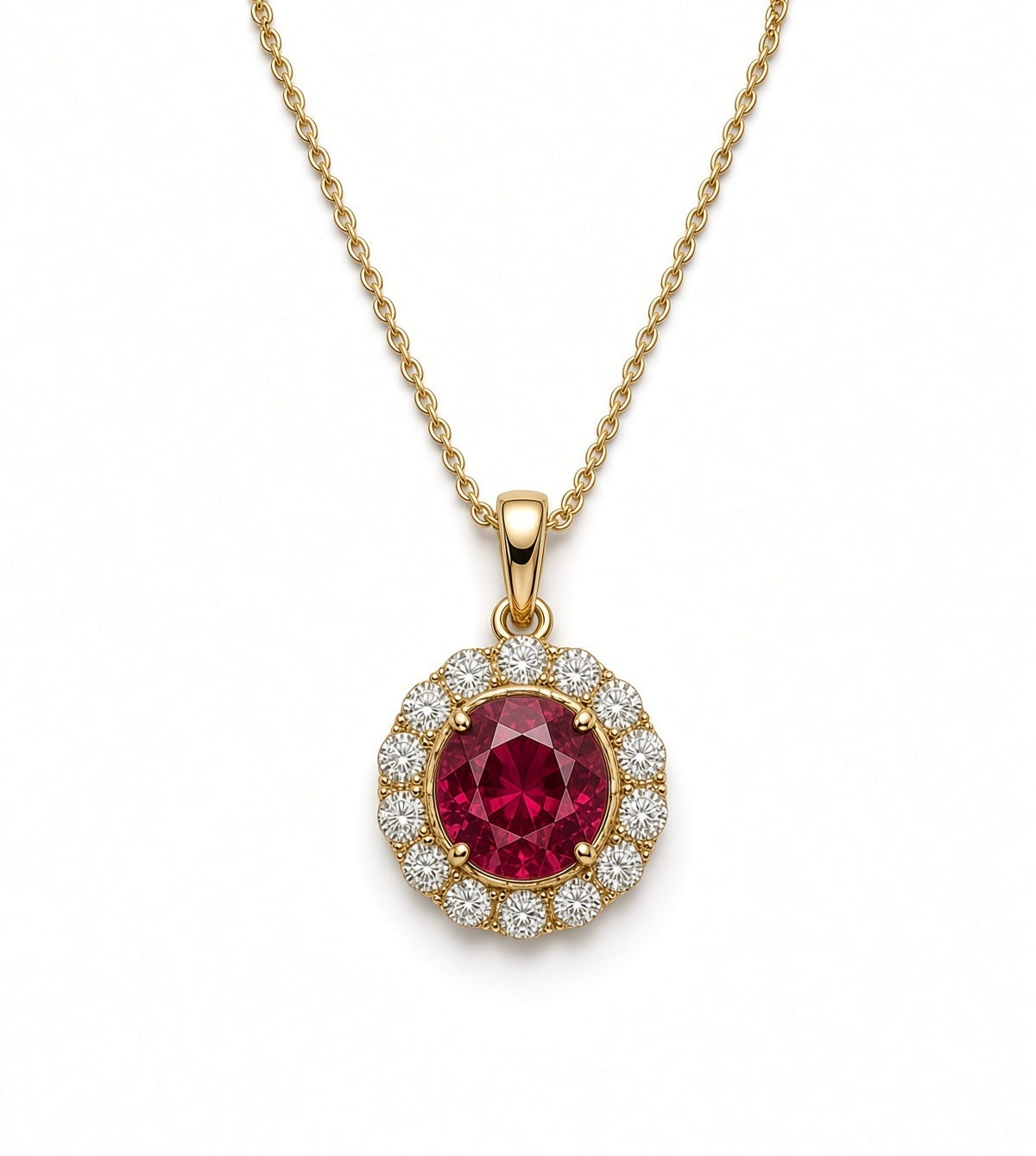 9ct Yellow Gold Round Created Ruby And Cubic Zirconia Cluster Pendant