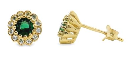 Radiant Created Sapphire & CZ Yellow Gold Cluster Stud Earrings