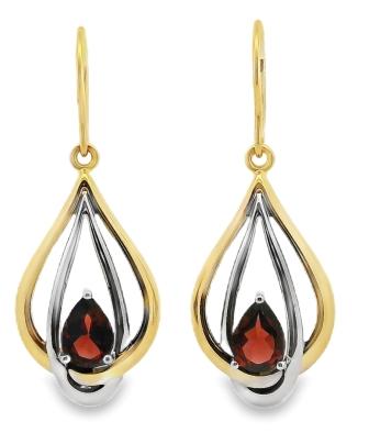 9ct Two-Tone Gold Garnet Double Teardrop Hook Earrings