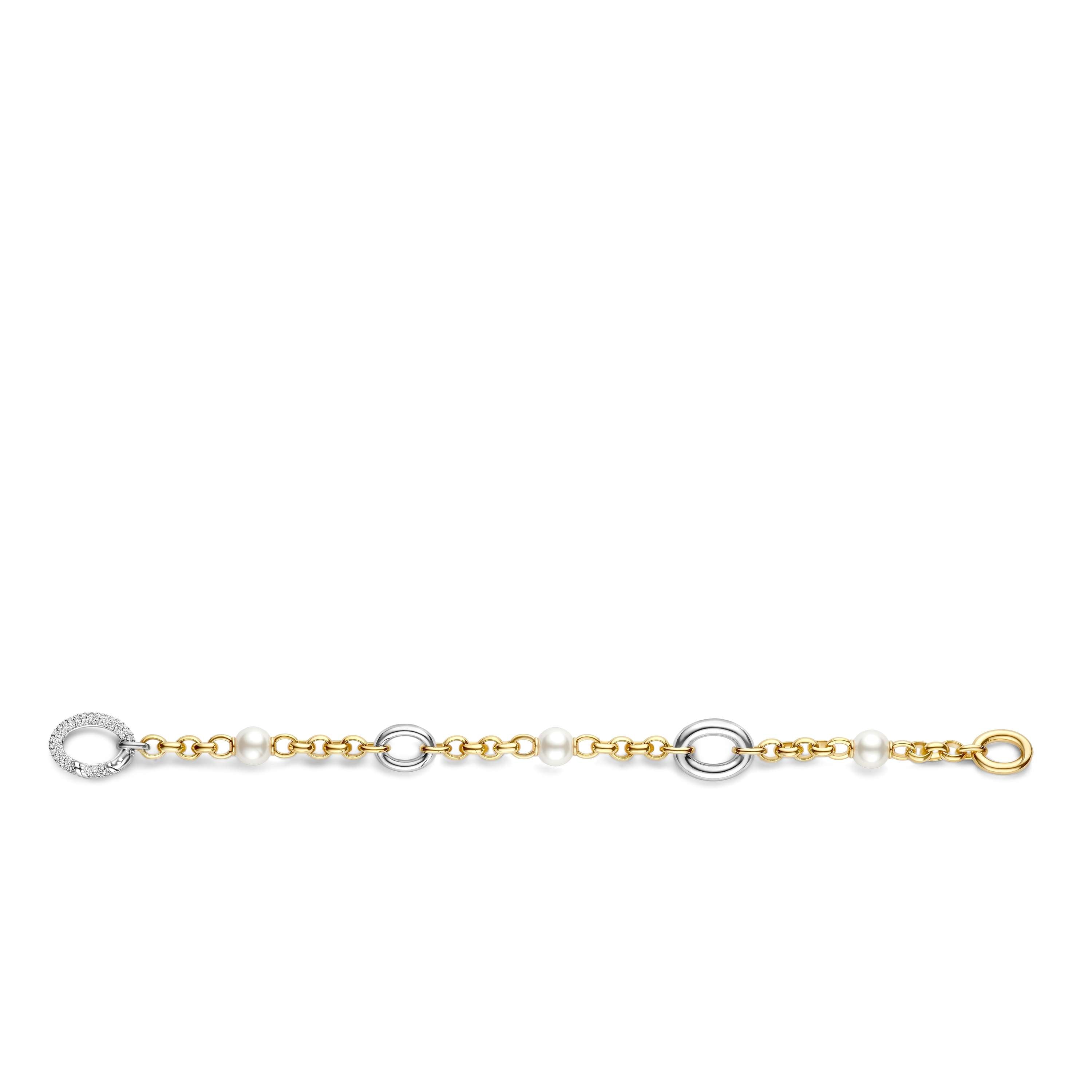 Ti Sento Sterling Silver & Yellow Gold Plated Oval Links & Simulated Pearls Bracelet with Pavé Cubic Zirconia 8'