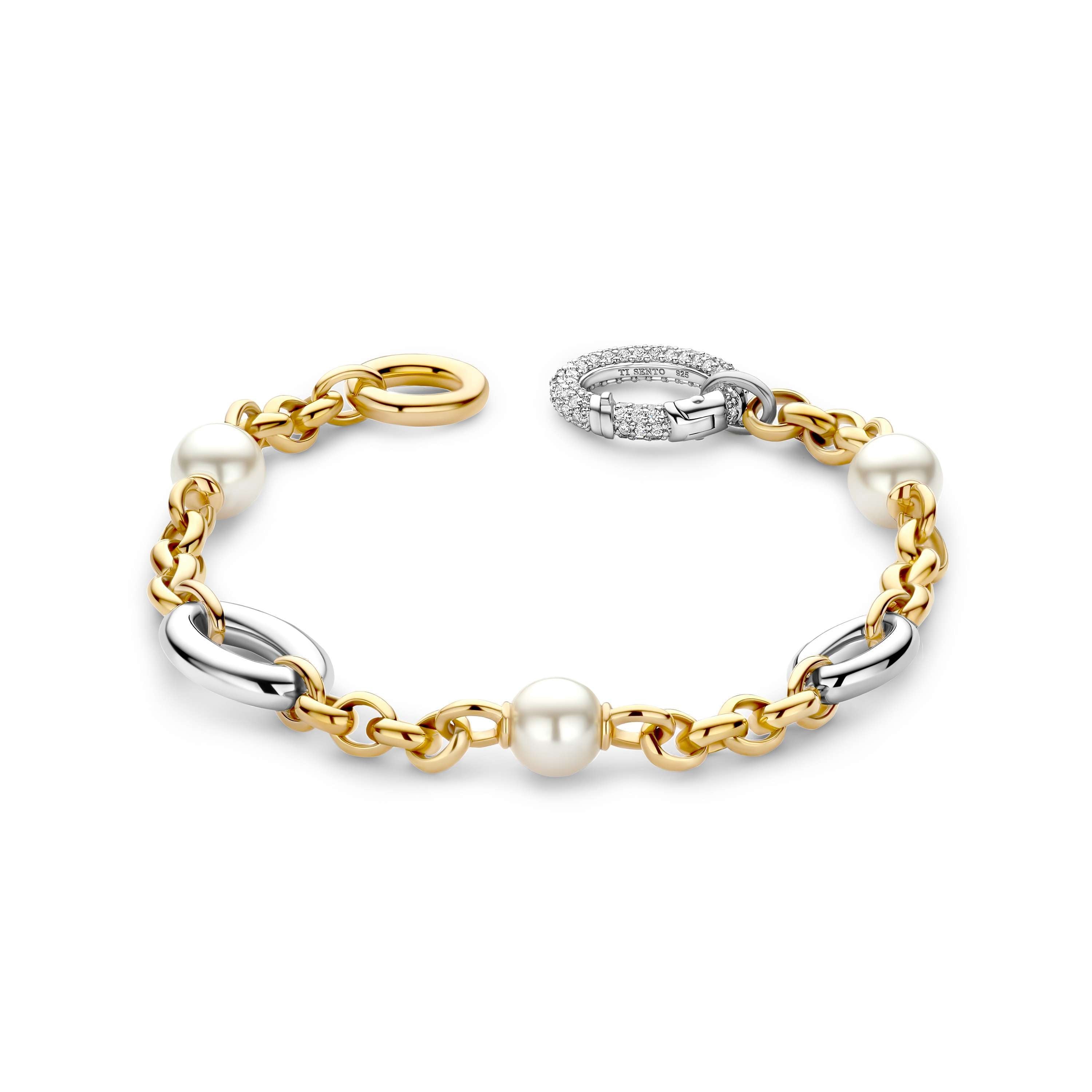 Ti Sento Sterling Silver & Yellow Gold Plated Oval Links & Simulated Pearls Bracelet with Pavé Cubic Zirconia 8'