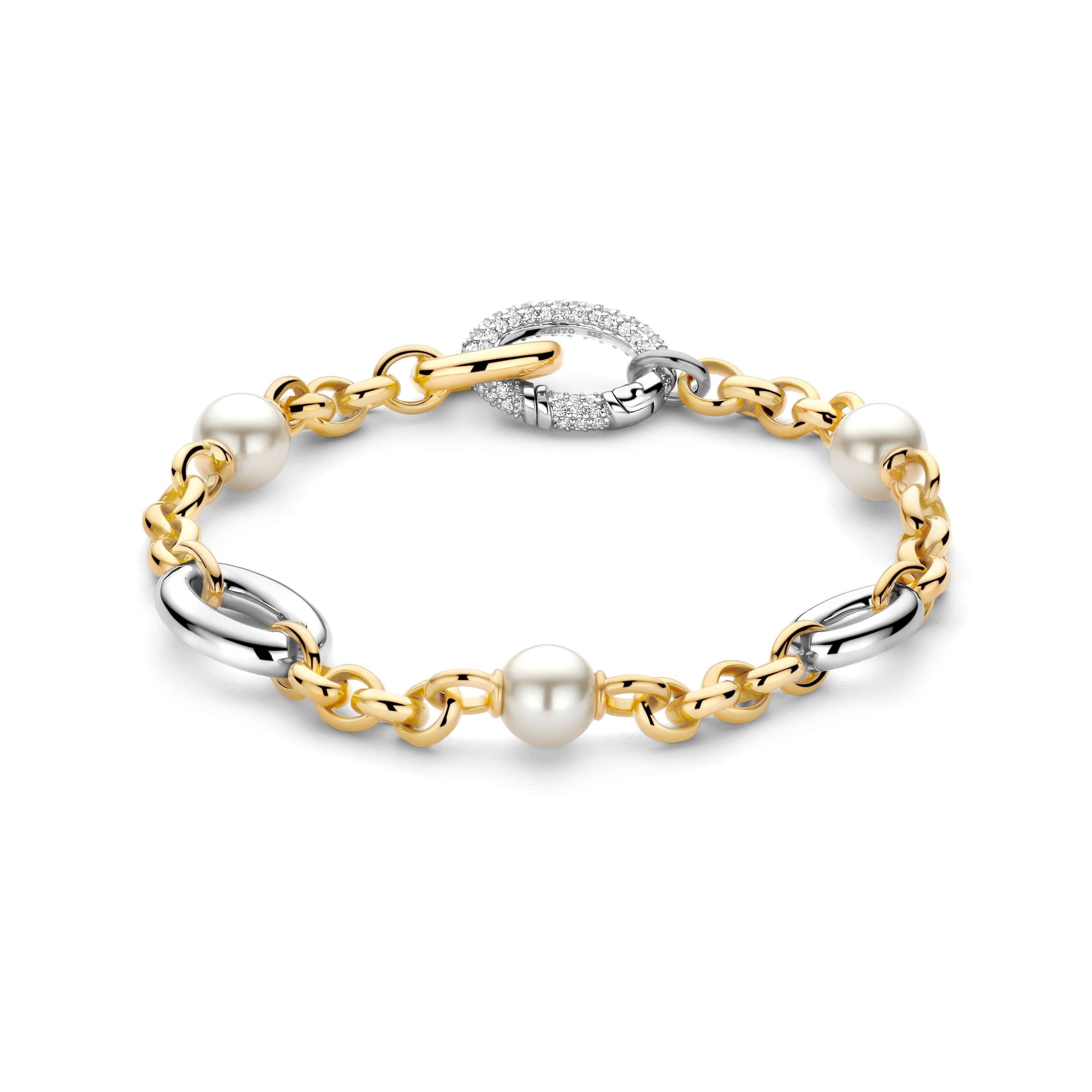 Ti Sento Sterling Silver & Yellow Gold Plated Oval Links & Simulated Pearls Bracelet with Pavé Cubic Zirconia 8'