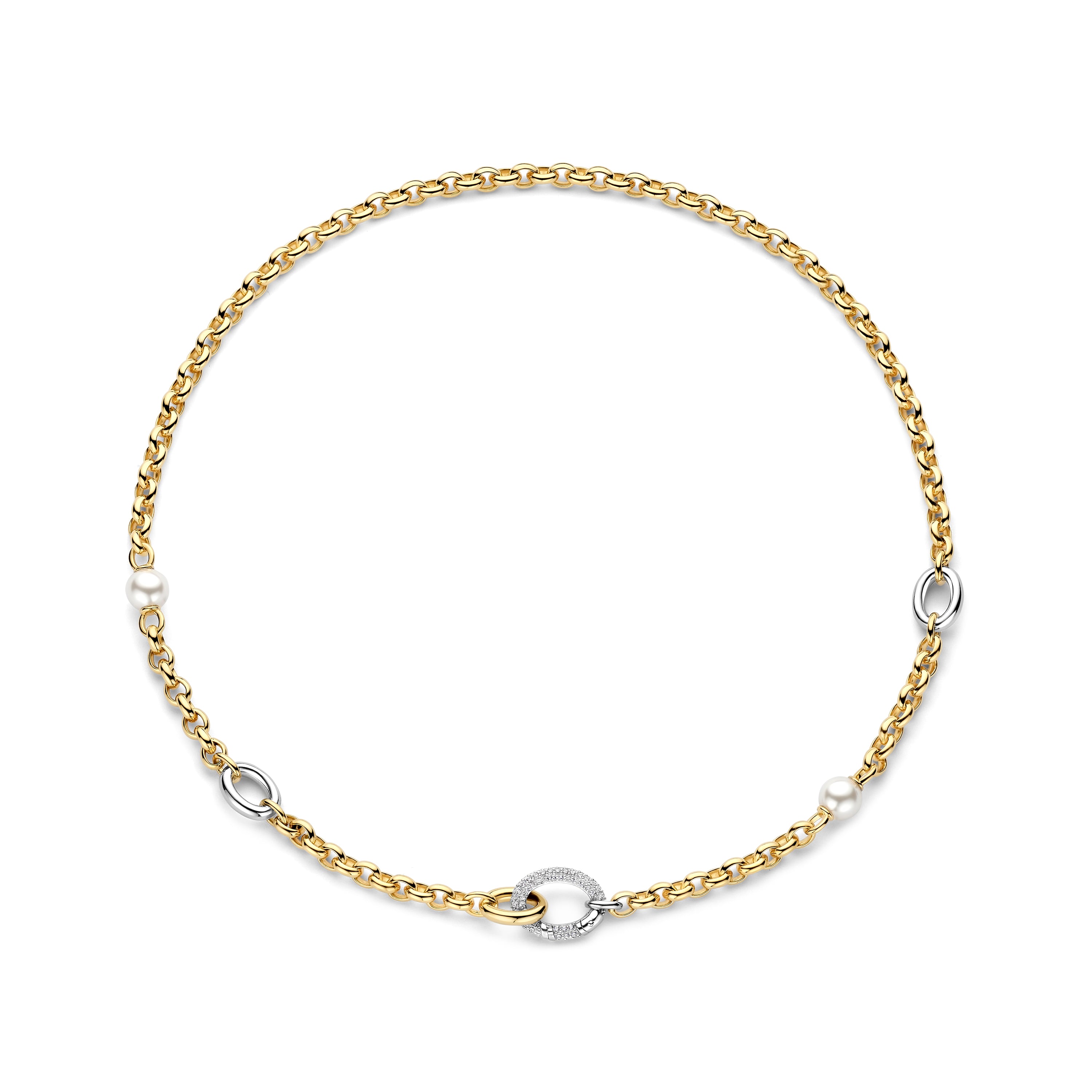 Ti Sento Sterling Silver & Gold Plated Oval Links & Simulated Pearls Necklace With Pavé Cubic Zirconia