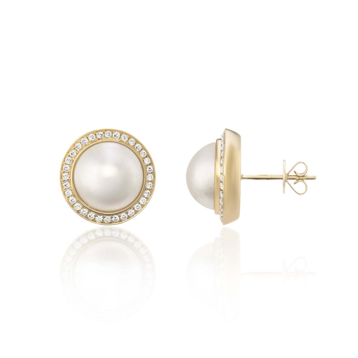 9ct Yellow Gold Diamond and South Sea Mabe Pearl Stud Earrings