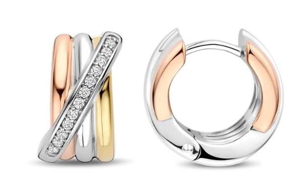 Ti Sento 3-Row Crossover Hoops - Cubic Zirconia, Silver, Gold & Rose Gold, 13mm Earrings