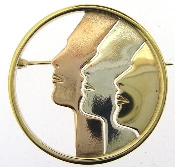 Vintage 9ct Yellow, White And Rose Gold Profile Brooch