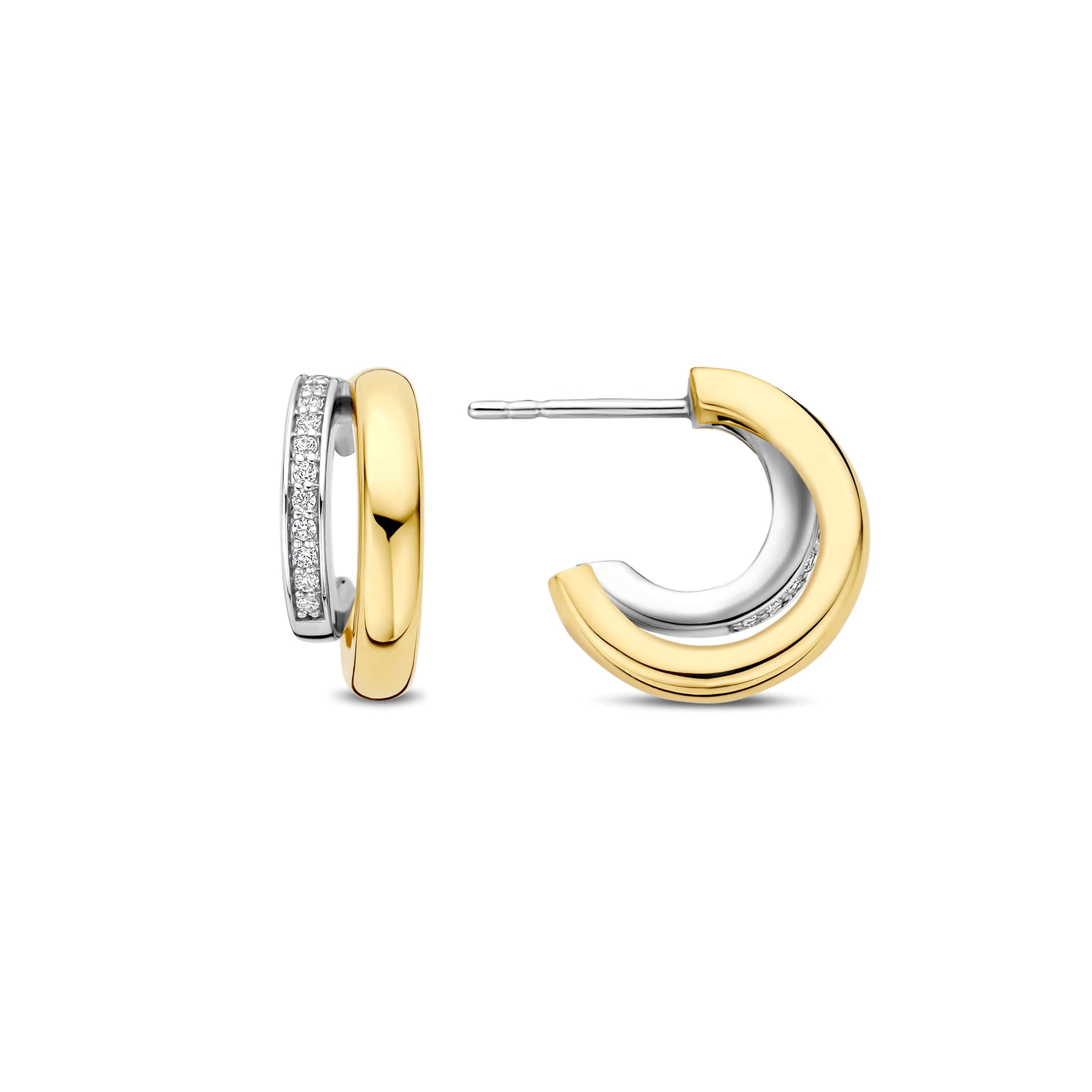 Ti Sento Sterling Silver & Gold Plated Cubic Zirconia Double Row Open Hoop Stud Earrings