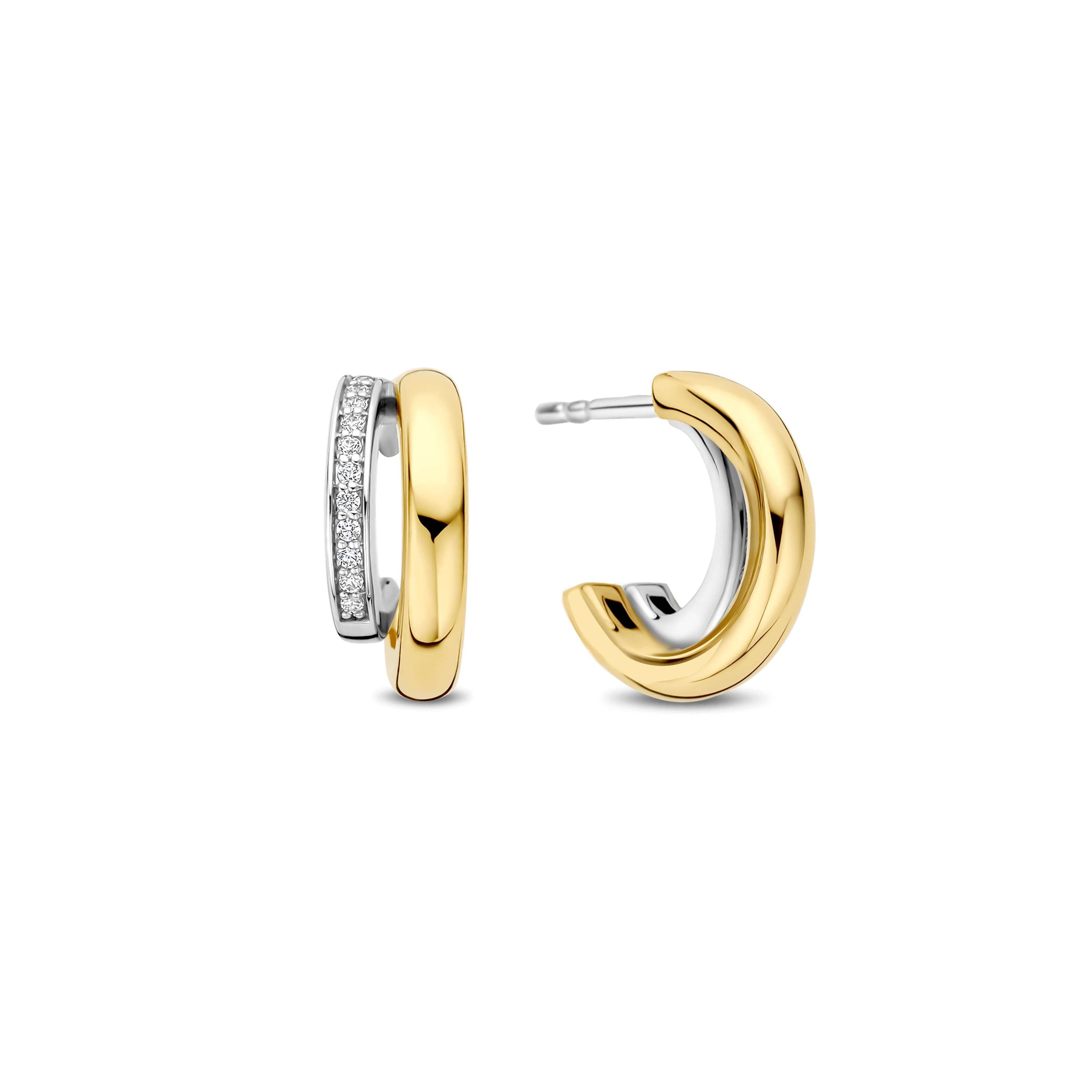 Ti Sento Sterling Silver & Gold Plated Cubic Zirconia Double Row Open Hoop Stud Earrings