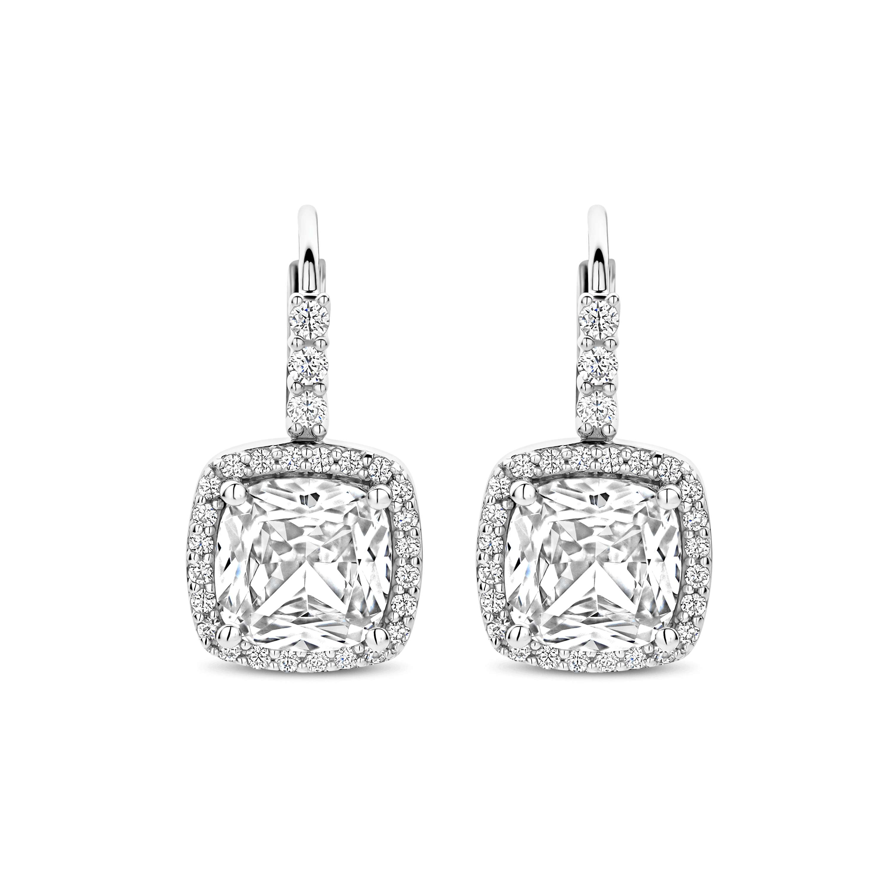 Ti Sento Sterling Silver Cushion Shape CZ Halo Drop Earrings