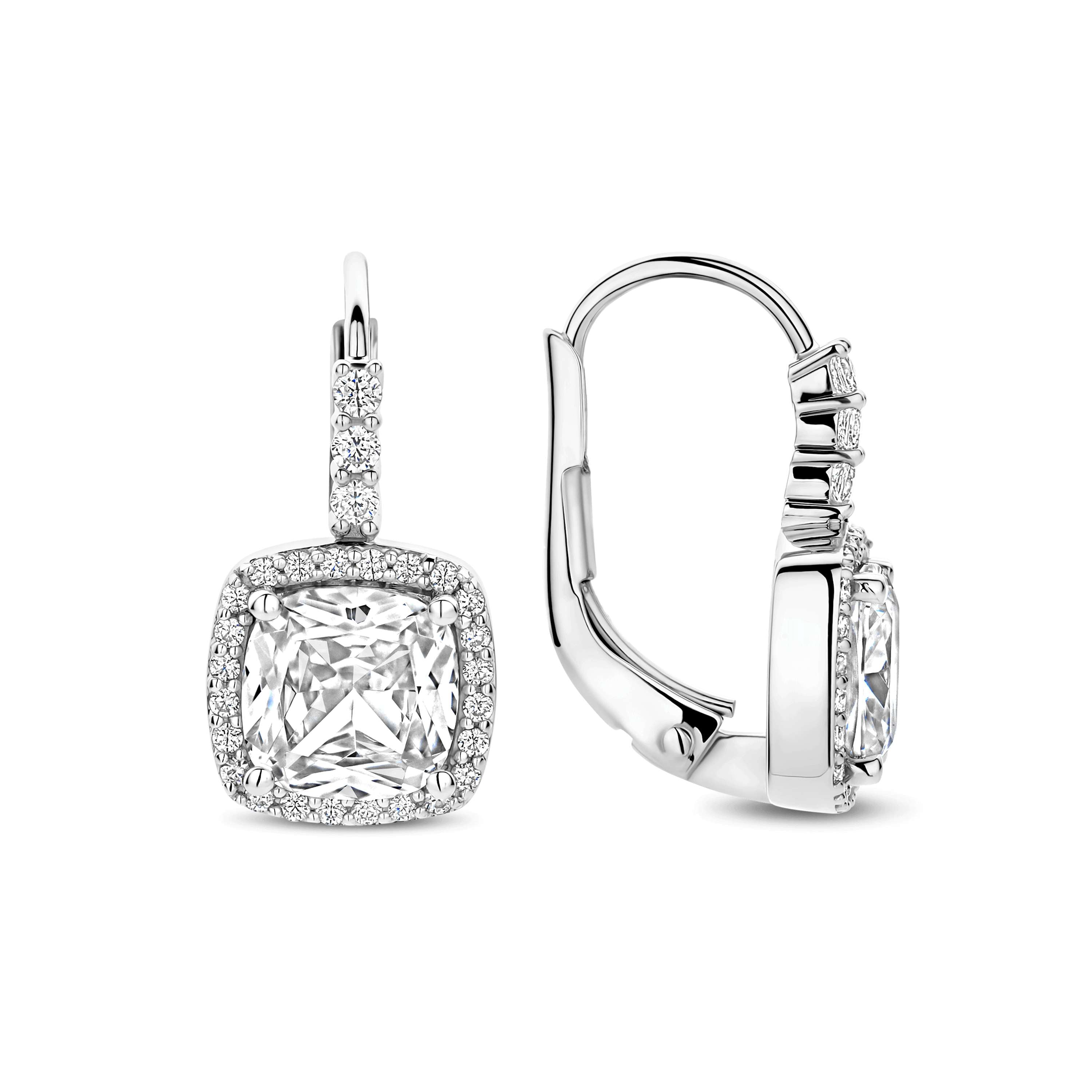 Ti Sento Sterling Silver Cushion Shape CZ Halo Drop Earrings