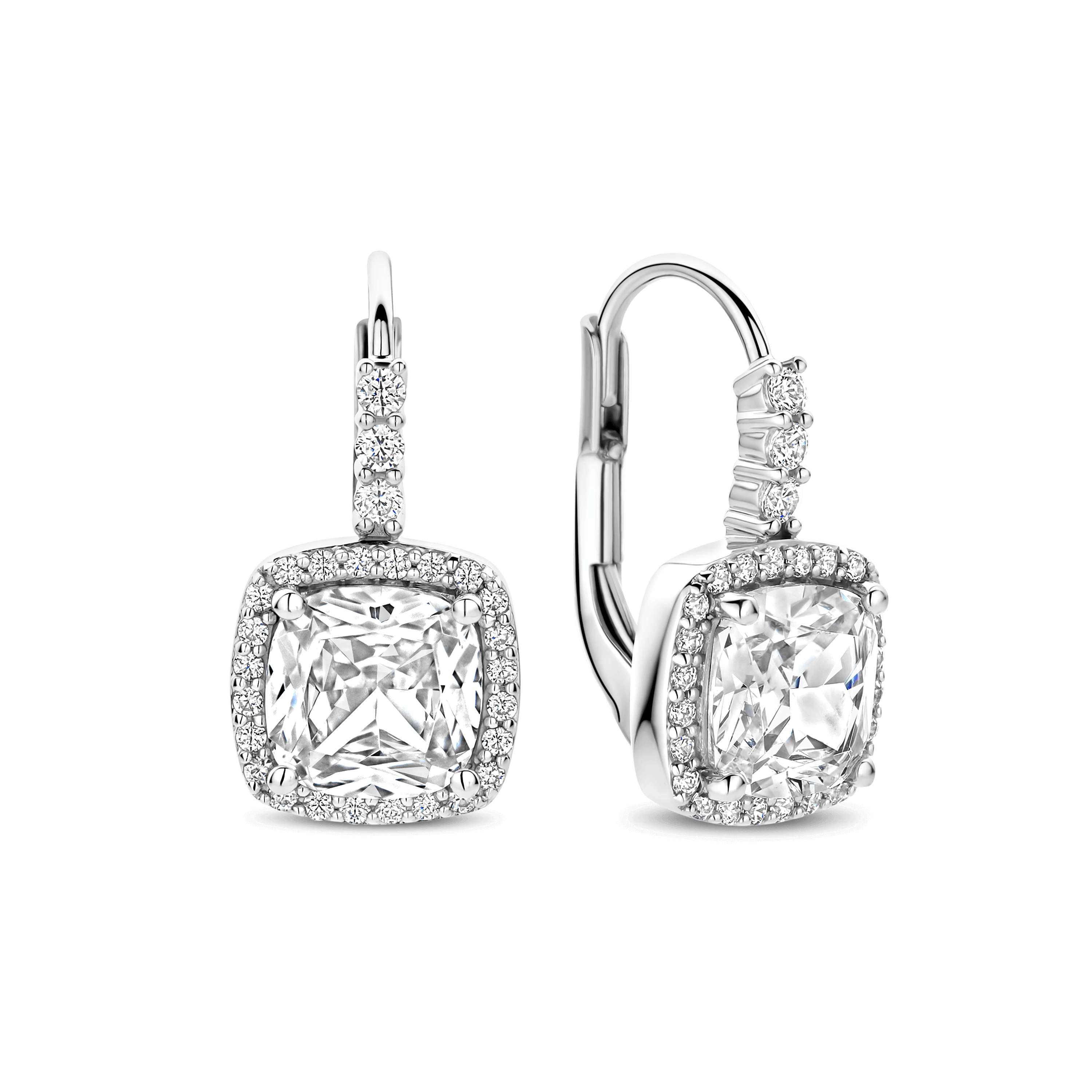 Ti Sento Sterling Silver Cushion Shape CZ Halo Drop Earrings