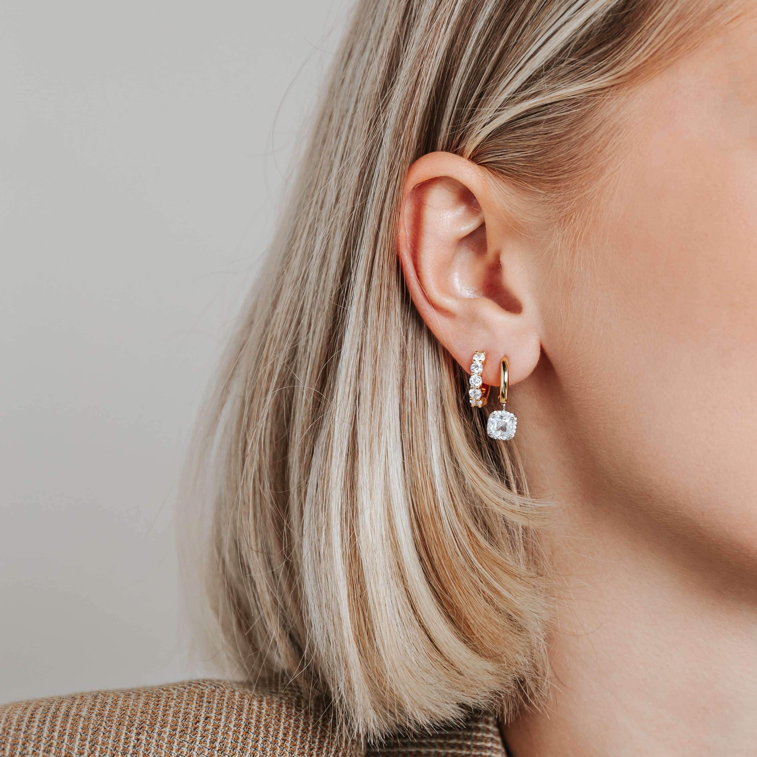 Ti Sento Sterling Silver & Gold Plated Cushion Shape Cubic Zirconia Halo Drop Hoop Earrings