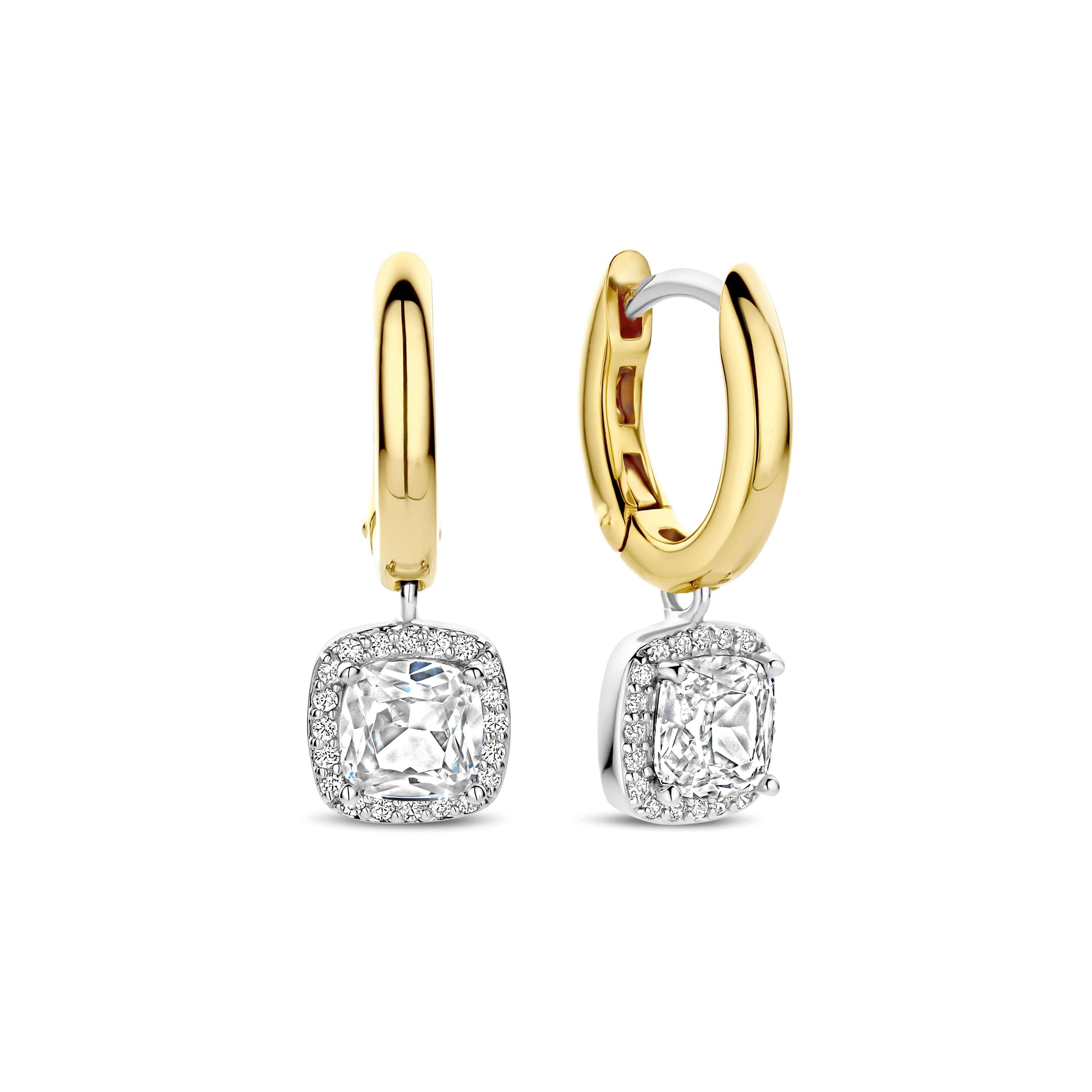 Ti Sento Sterling Silver & Gold Plated Cushion Shape Cubic Zirconia Halo Drop Hoop Earrings