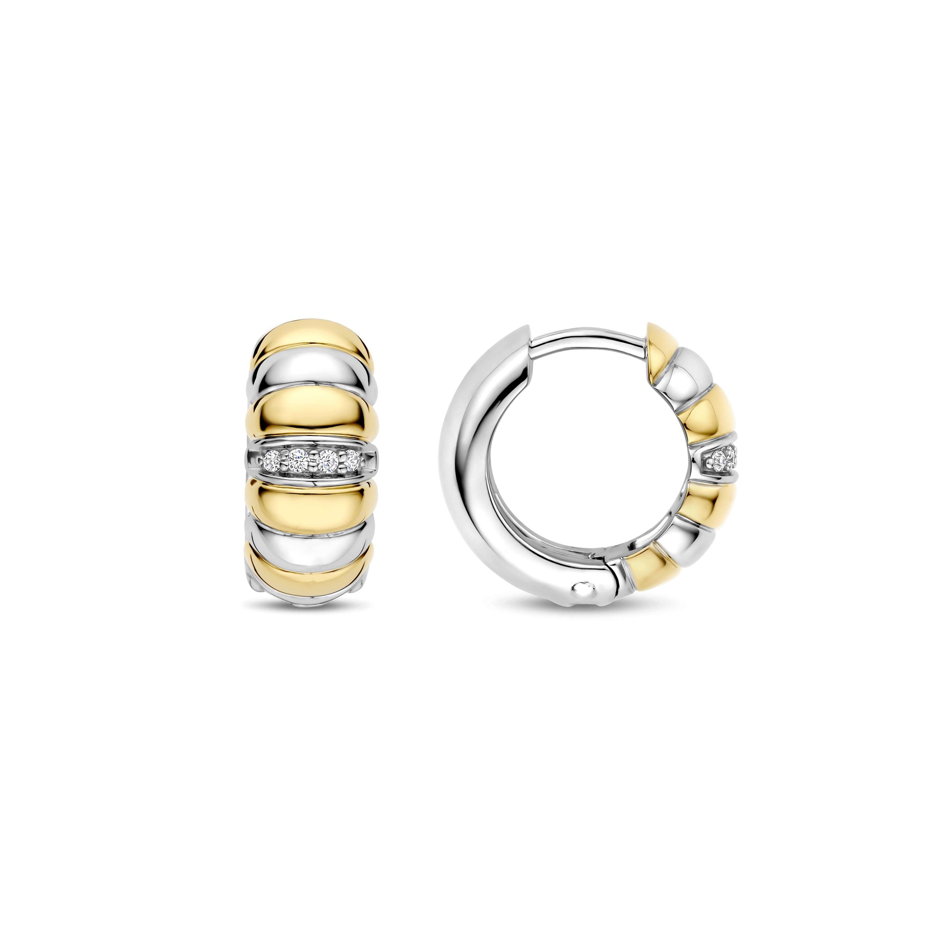 Ti Sento Sterling Silver & Yellow Gold Plated Ribbed Hoop Earrings with Cubic Zirconia 14mm