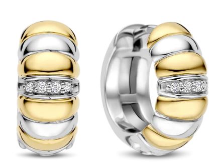 Ti Sento Ribbed Hoop Earrings - Cubic Zirconia, Silver & Gold, 14mm