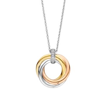 Ti Sento Sterling Silver,Yellow Gold Plated And Rose Gold Plated Interlocking Circles And Pavé Cubic Zirconia Pendant  38-48cm