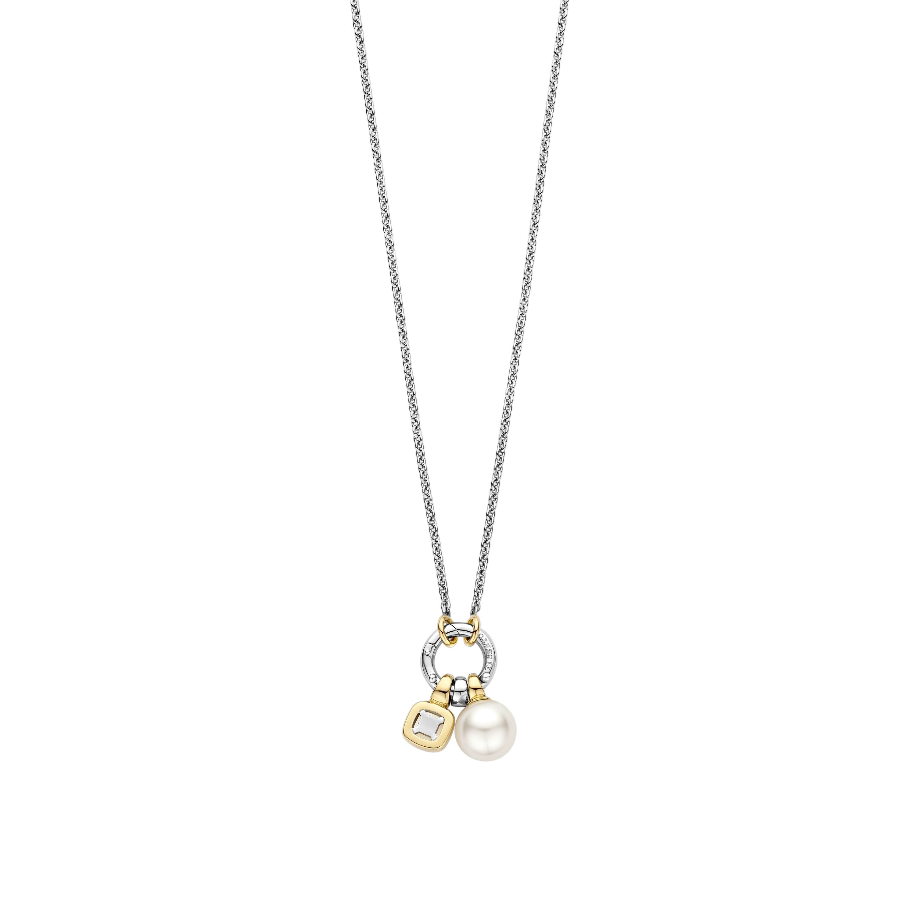 Ti Sento Sterling Silver & Gold Plated Charm Necklace & Cushion Shape Mother Of Pearl Stone