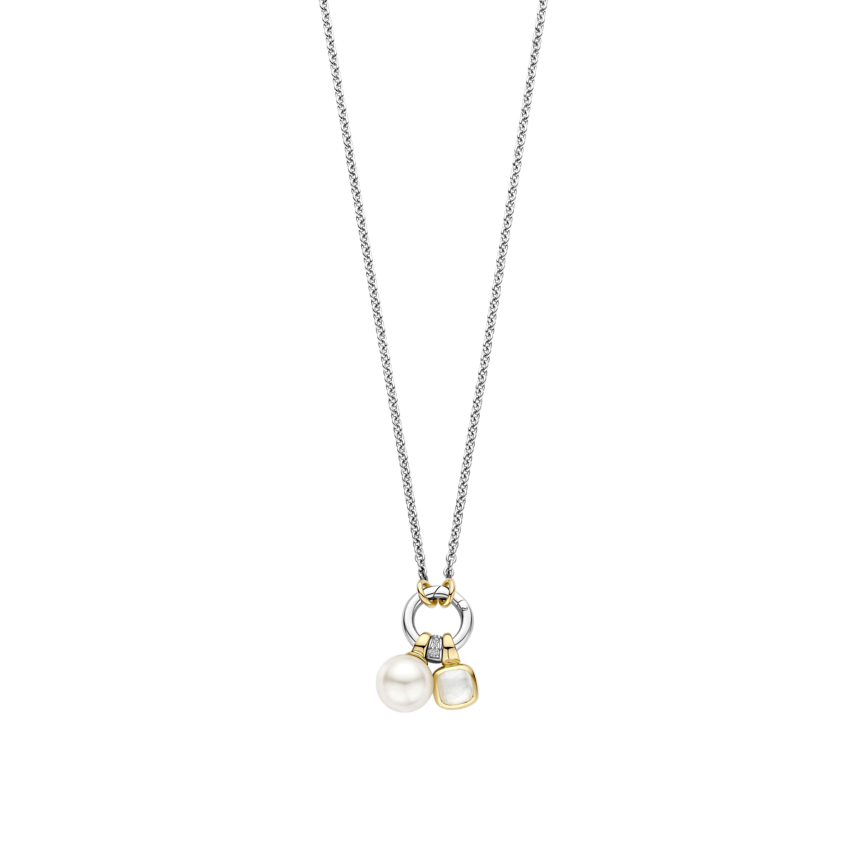 Ti Sento Sterling Silver & Gold Plated Charm Necklace & Cushion Shape Mother Of Pearl Stone