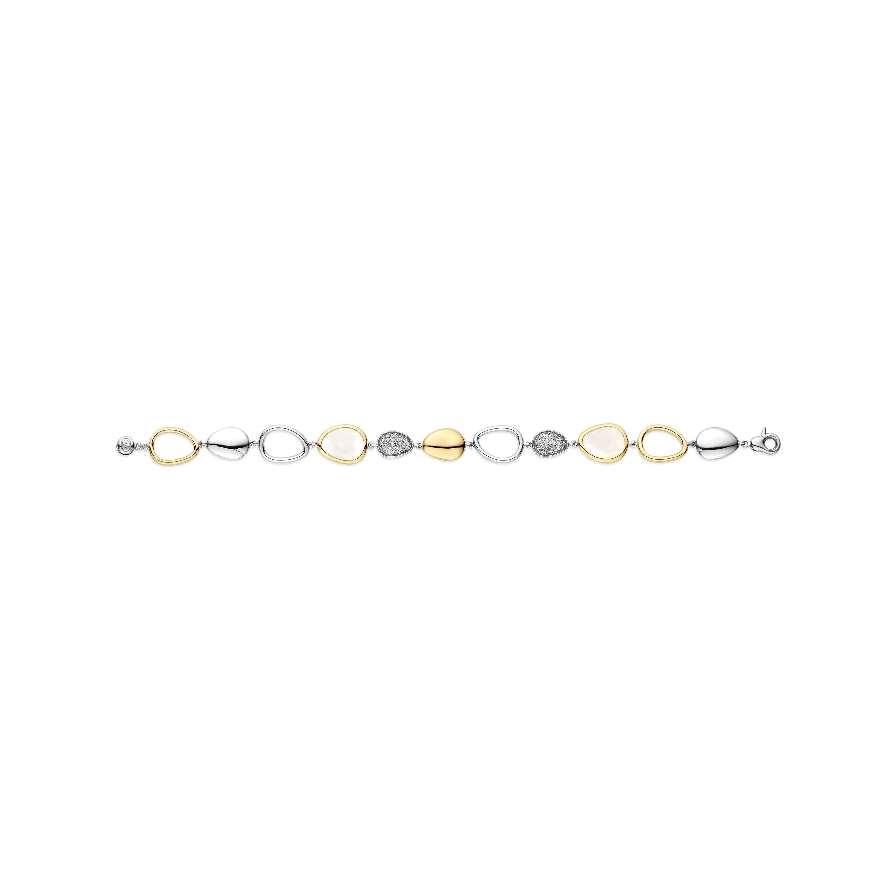 Ti Sento Sterling Silver & Yellow Gold Plated Pebble-Shaped Station Bracelet with Milky-White Stone & Cubic Zirconia 17.4cm