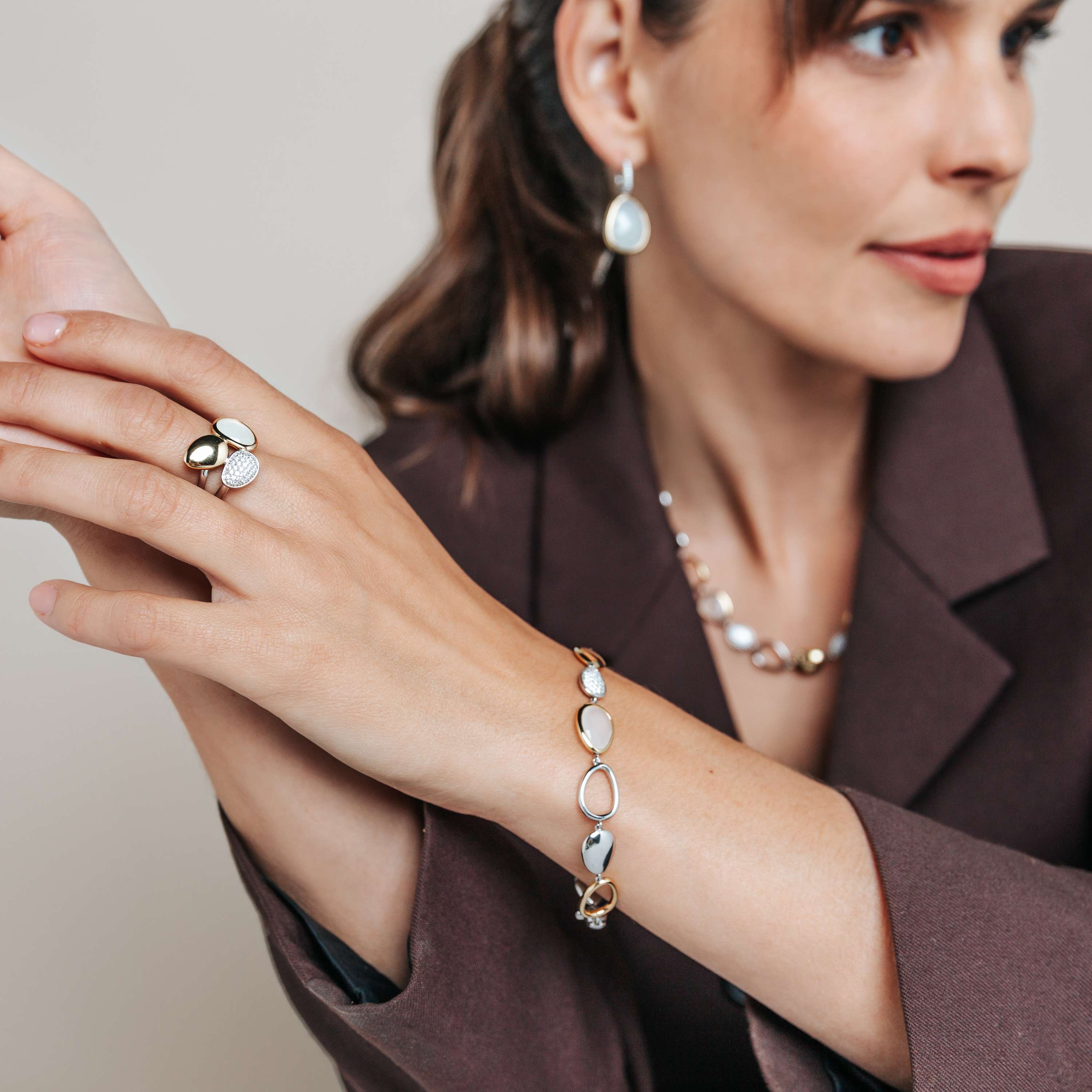 Ti Sento Sterling Silver & Yellow Gold Plated Pebble-Shaped Station Bracelet with Milky-White Stone & Cubic Zirconia 17.4cm