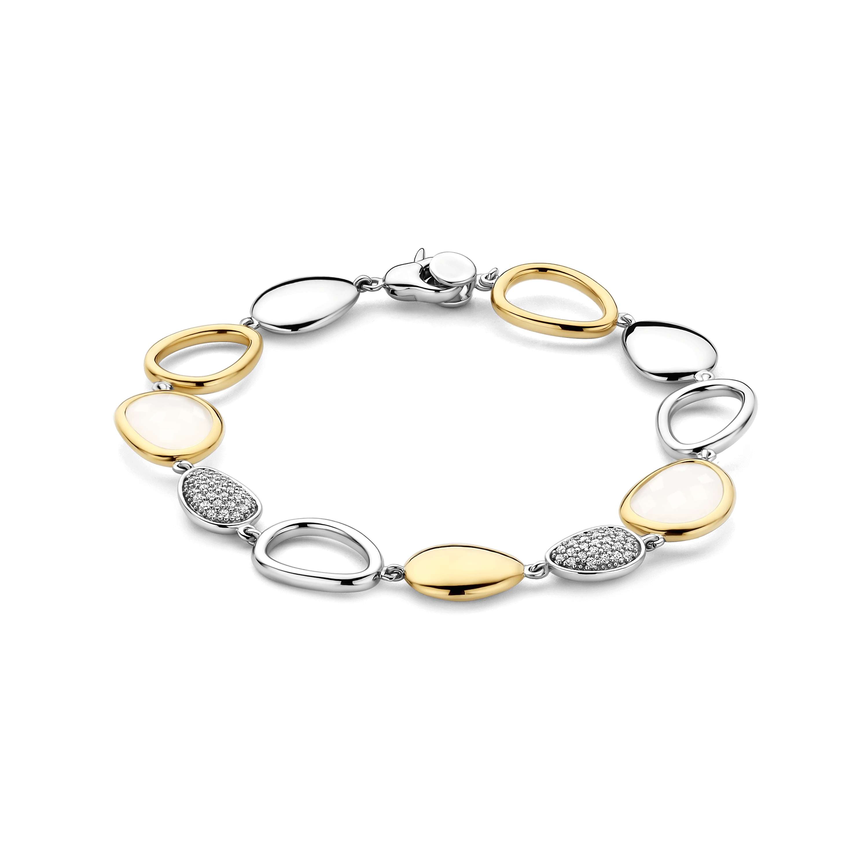 Ti Sento Sterling Silver & Yellow Gold Plated Pebble-Shaped Station Bracelet with Milky-White Stone & Cubic Zirconia 17.4cm