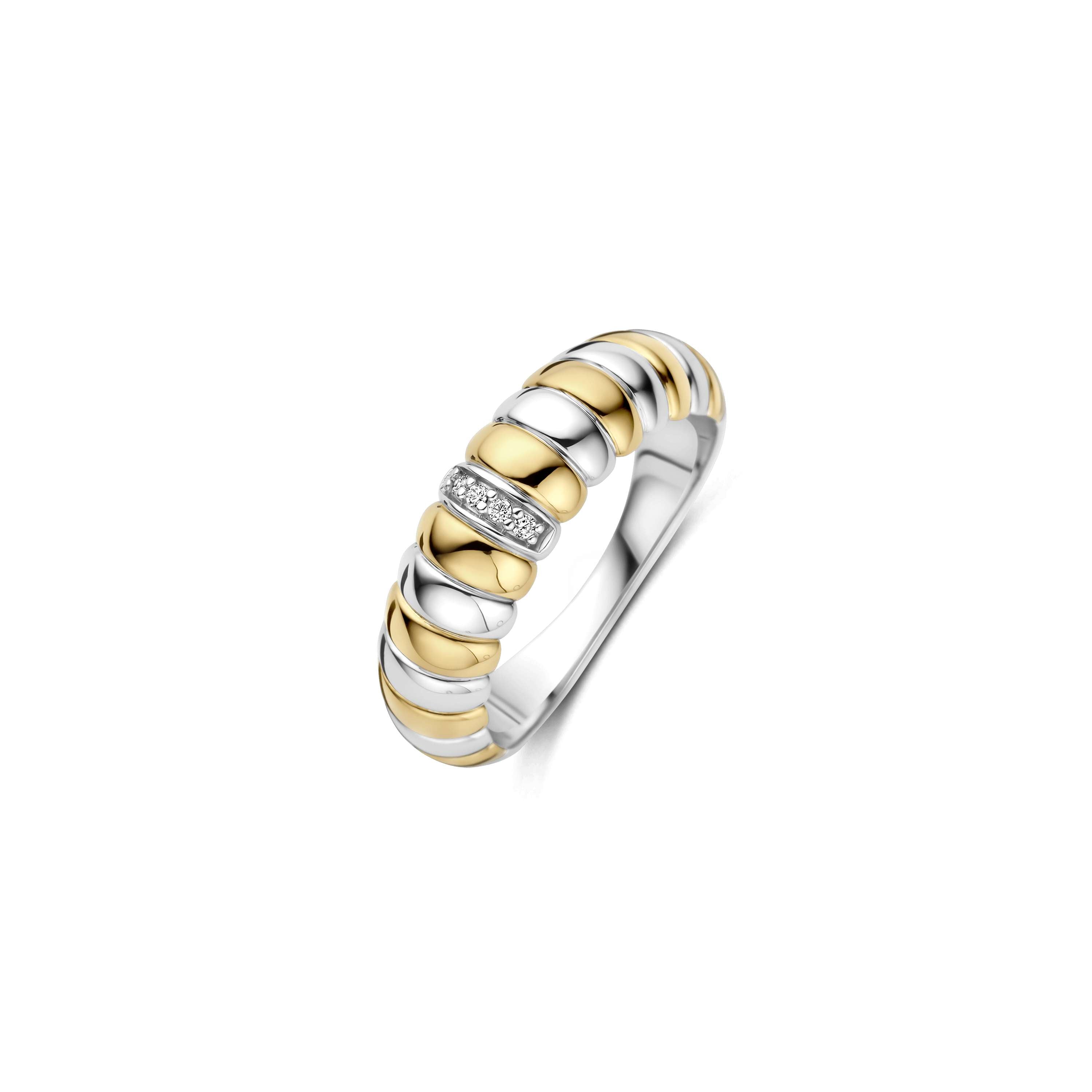 Ti Sento Sterling Silver & Yellow Gold Plated Ribbed Ring with Cubic Zirconia (Size 58)