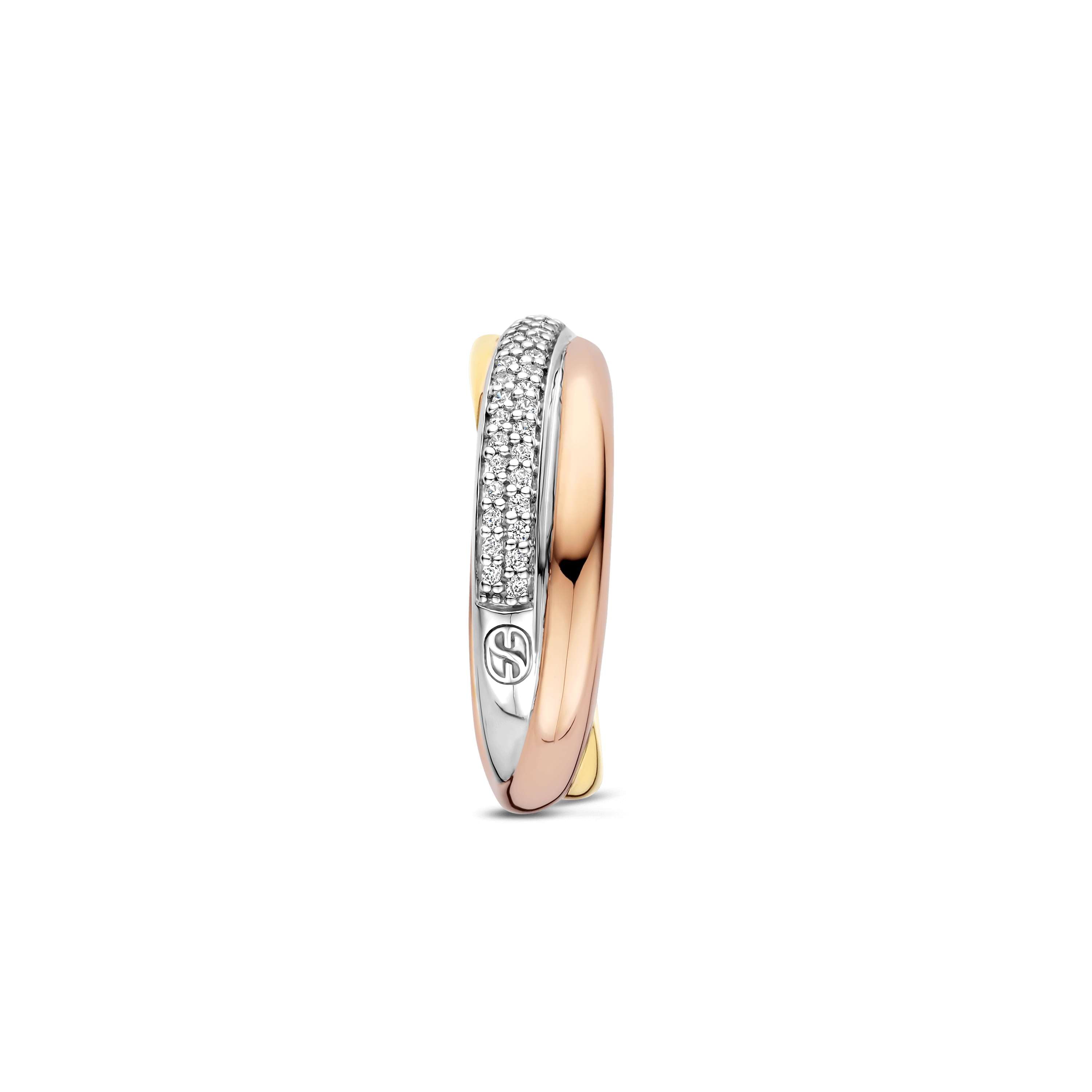 Ti Sento Sterling Silver, Yellow Gold Plated & Rose Gold Plated Cubic Zirconia Cross Over Ring (Size 56)