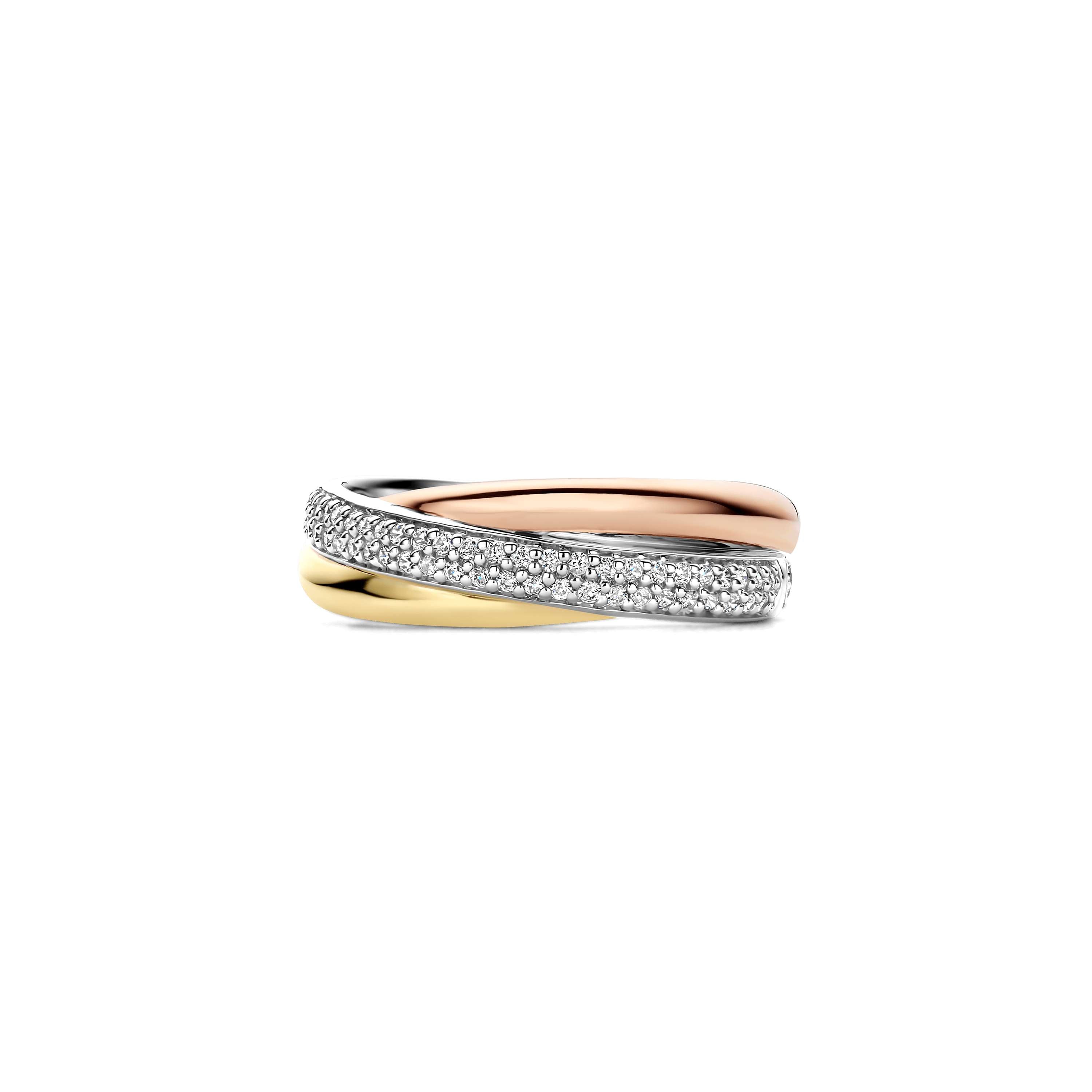 Ti Sento Sterling Silver, Yellow Gold Plated & Rose Gold Plated Cubic Zirconia Cross Over Ring (Size 56)