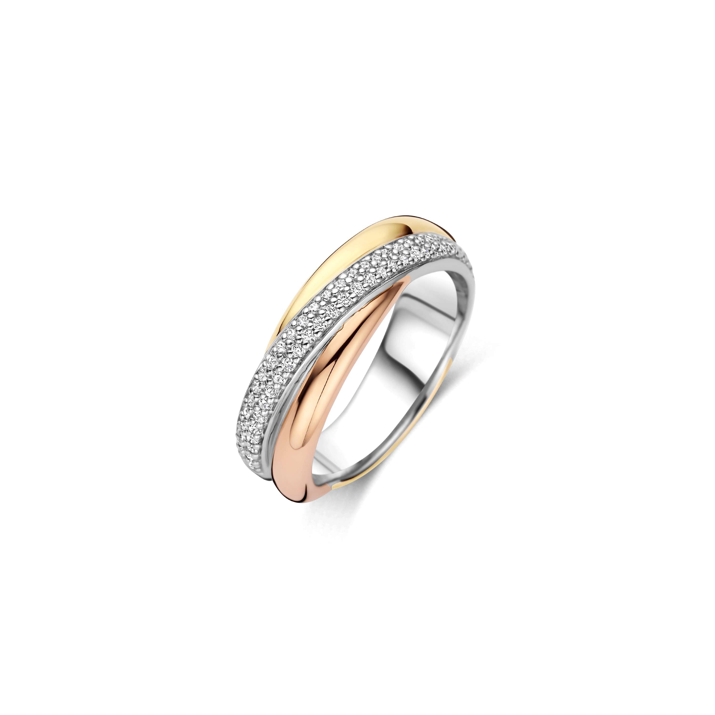 Ti Sento Sterling Silver, Yellow Gold Plated & Rose Gold Plated Cubic Zirconia Cross Over Ring (Size 56)
