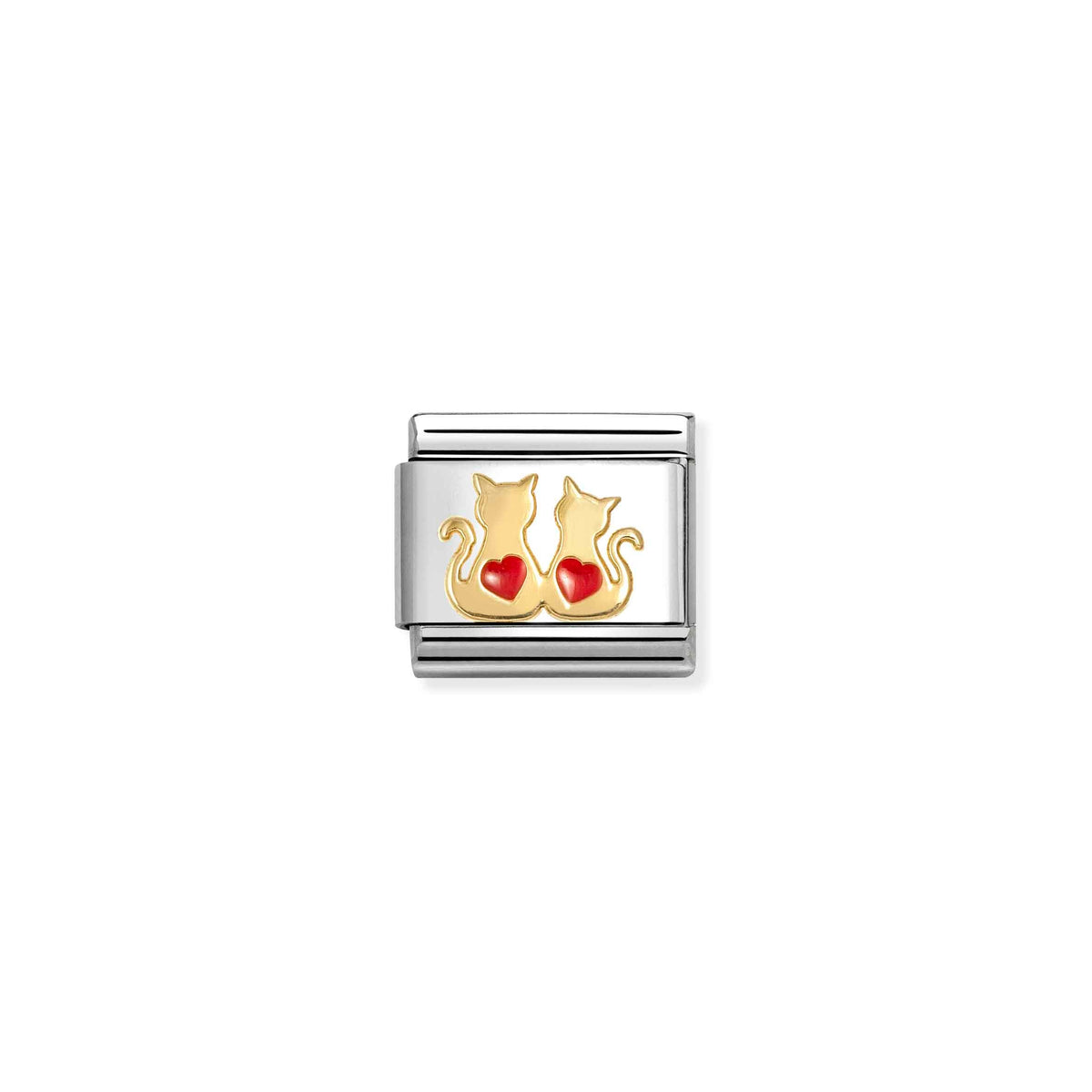 Nomination Composable Classic Double Red Hearts Cats Charm - Stainless Steel & Yellow Gold with Enamel