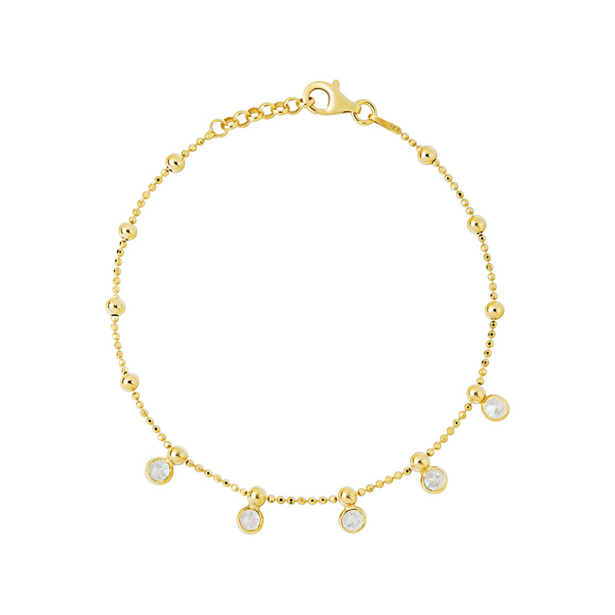 Sterling Silver Yellow Gold Plated Cubic Zirconia Drop Ball Chain Bracelet 7.5'