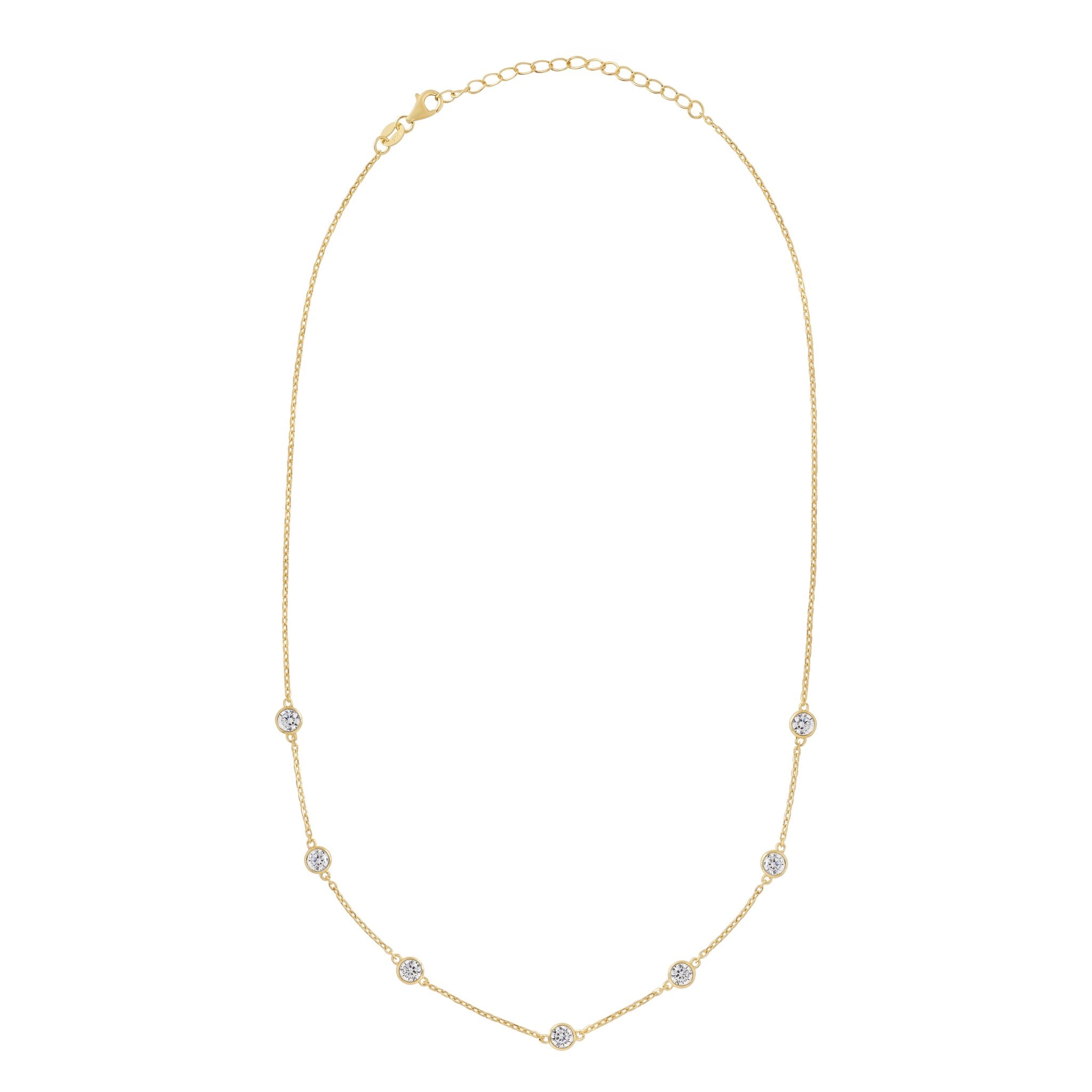 Sterling Silver Yellow Gold Plated Cubic Zirconia Rubover Station Necklace 16-18'