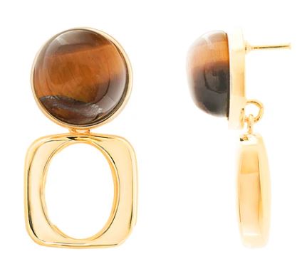 Skyler - Yellow Gold Plated Tigers Eye Open Square Drop Stud Earrings