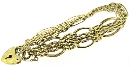 Vintage 9ct Yellow Gold 5 Bar Gate Bracelet With Padlock & Safety Chain