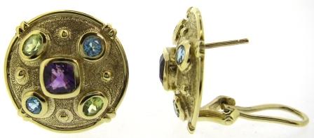 Vintage 9ct Yellow Gold Amethyst, Peridot And Blue Topaz Stud Earrings With Clip-On Fitting