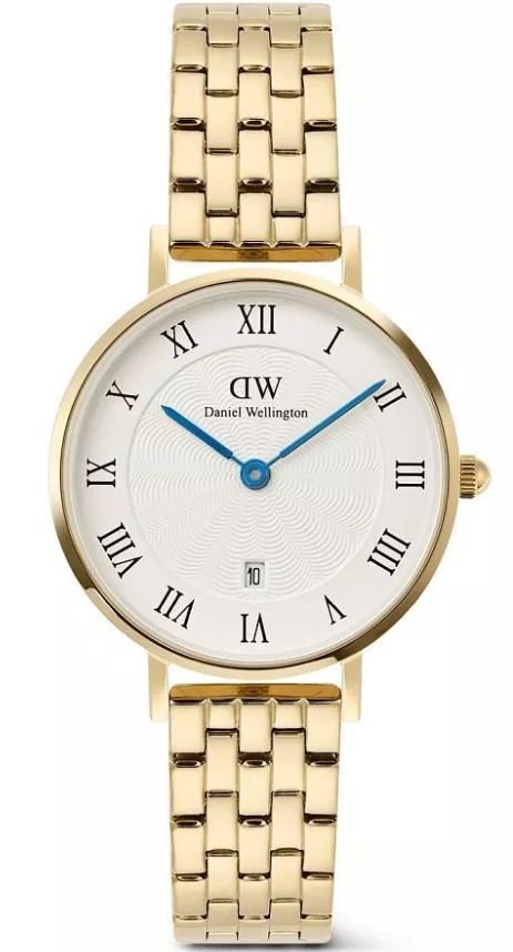 Daniel Wellington Ladies Petite Roman Numerals Date Quartz Watch 28mm Yellow Gold Plated White Dial
