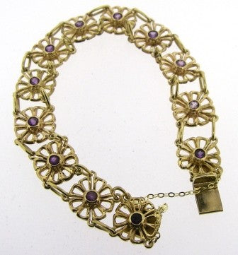 Vintage 9ct Yellow Gold 12 Stone Amethyst Flower Link Bracelet