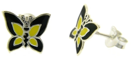Sterling Silver Yellow And Black  Butterfly Stud Earrings