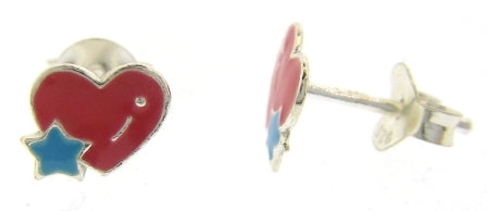 Sterling Silver Pink Heart With Blue Star Stud Earrings