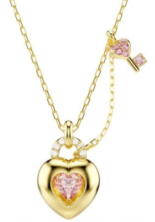 Swarovski Idyllia Necklace, Pink Heart And Key, Mixed Cuts White And Pink Crystals, Gold Tone Plated