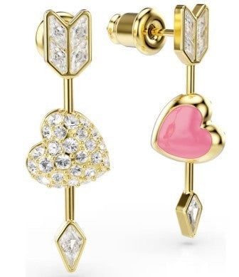Swarovski Idyllia Drop Earrings, Heart And Arrow, Mixed Cut White Crystals With Pink On The Other Side, Gold Tone Plated
