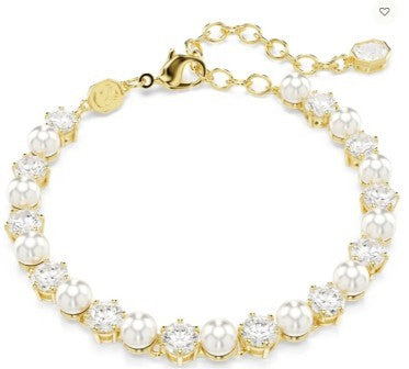 Swarovski Matrix Tennis Bracelet,White And Pearl Crystals, Gold Tone Plated