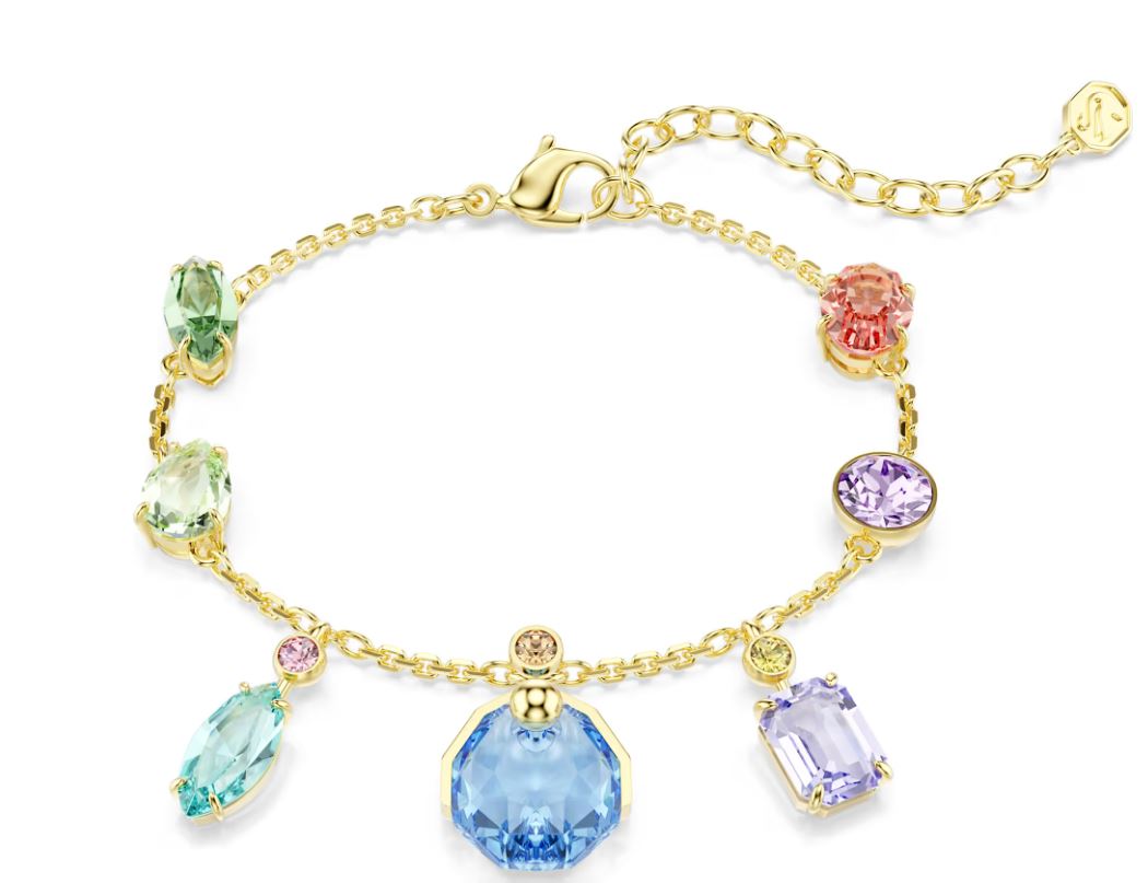 Swarovski Gema Bracelet, Mixed Cuts, Dangling Crystals, Multicoloured, Gold Tone Plated 15.5-20cm