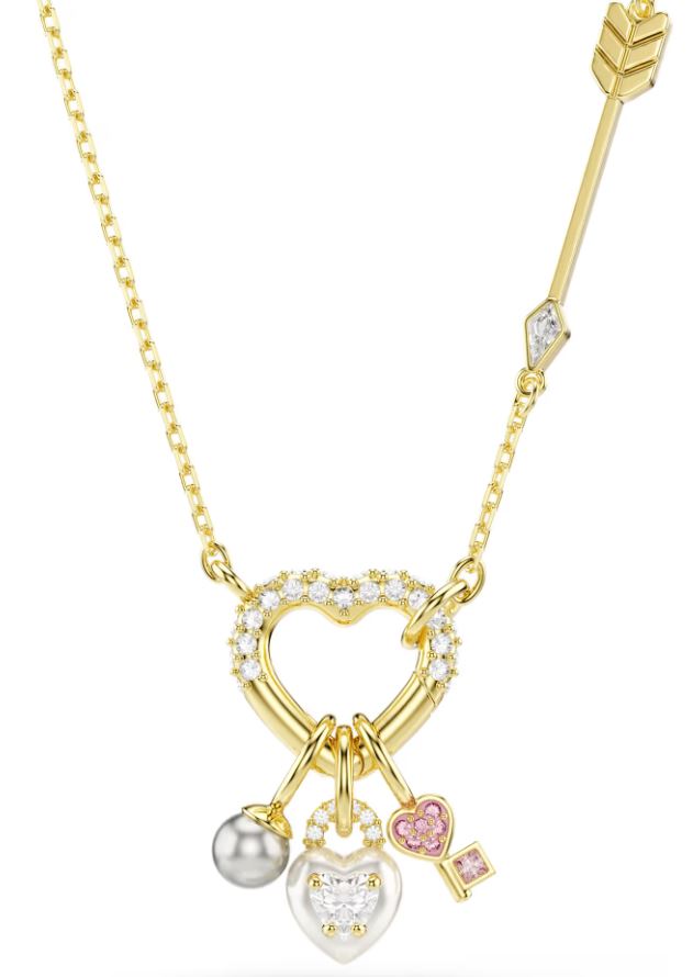 Swarovski Idyllia Pendant, Mixed Cuts, White Heart, Pink Key, Pearl, Gold Tone Plated