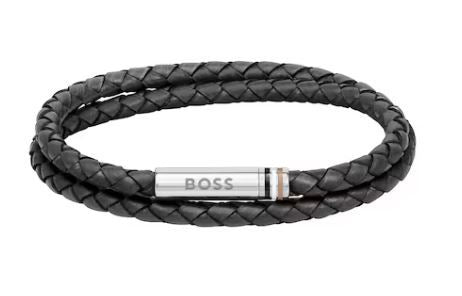 Hugo Boss Ares Mens Black Leather Bracelet with Stainless Steel Clasp Medium
