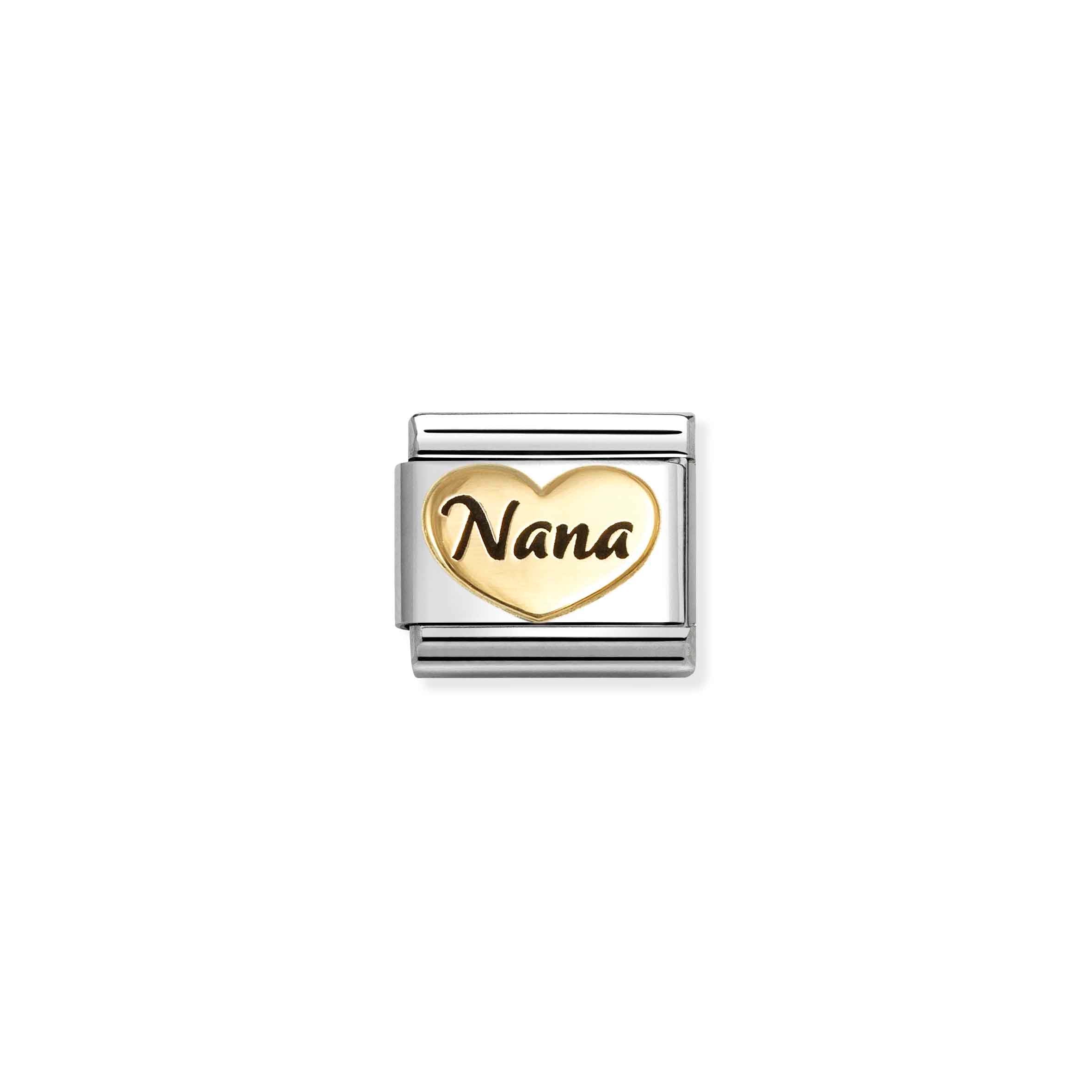Nomination Composable Classic 'Nana' Engraved Heart Charm - Stainless Steel & Yellow Gold with Black Enamel