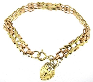 Vintage 9ct Yellow And Rose Gold Gate Bracelet With Padlock & Safety Chain