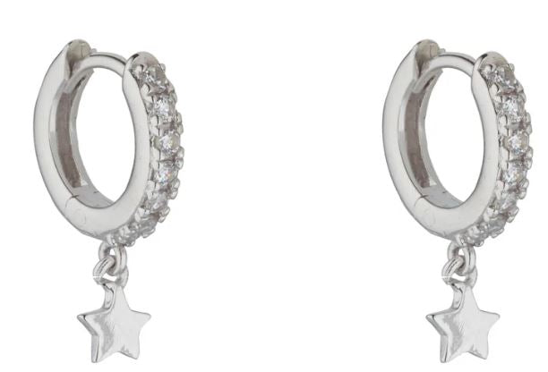 Sterling Silver Star Drop CZ Huggie Earrings  8mm