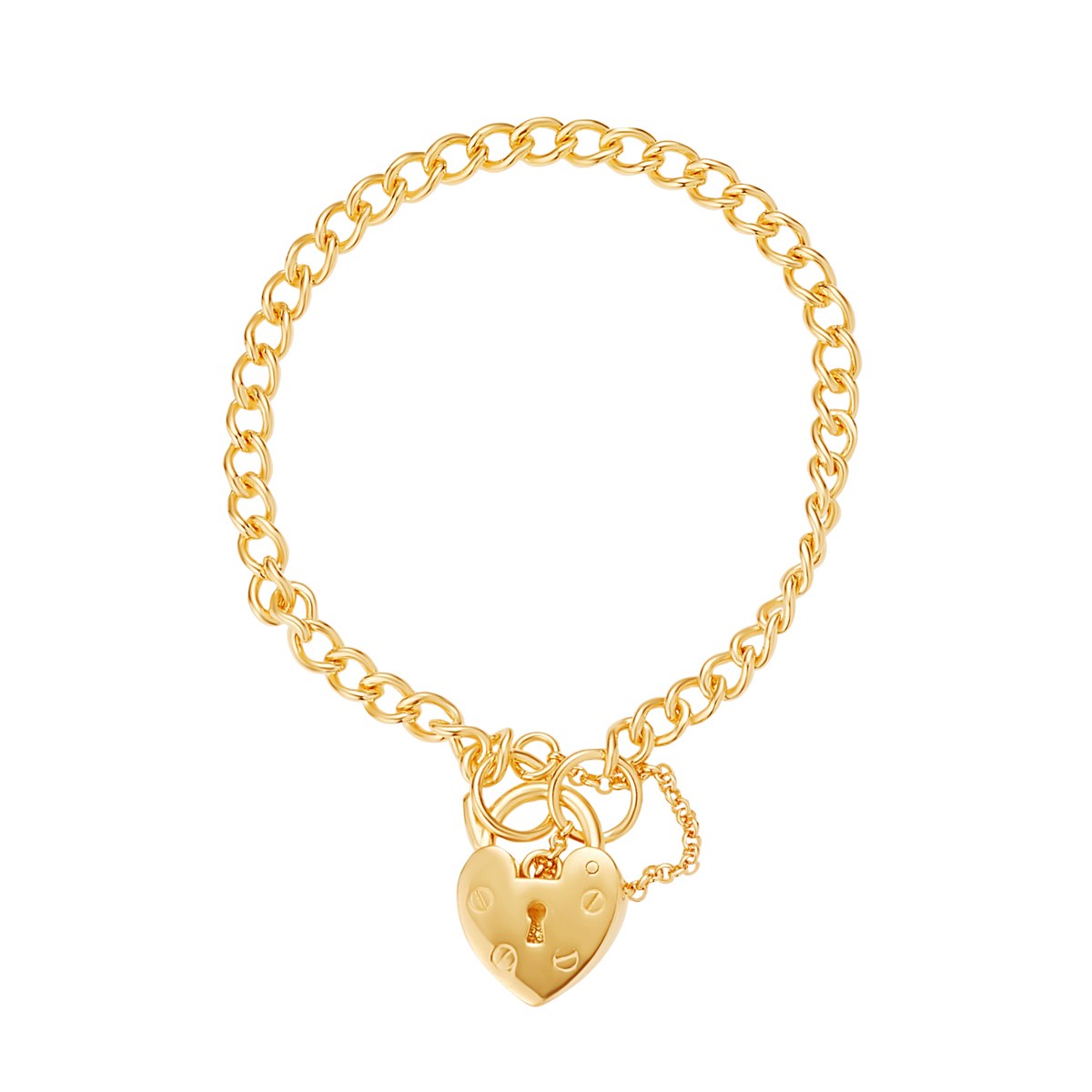 Sterling Silver Yellow Gold Plated Curb Link with Heart Padlock Bracelet 19cm