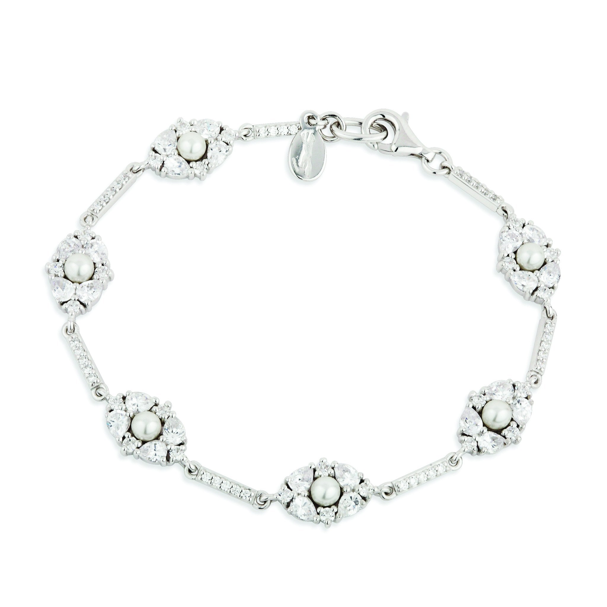 Sterling Silver Synthetic Pearl Marquise Cubic Zirconia Cluster Bracelet 7.5'